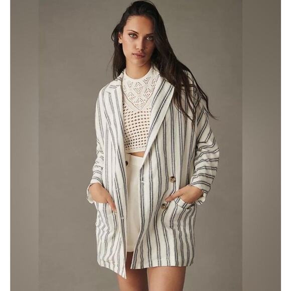 Anthropologie Pilcro Relaxed Striped Boho Lagenlook Linen Blazer Jacket XS - Picture 2 of 12